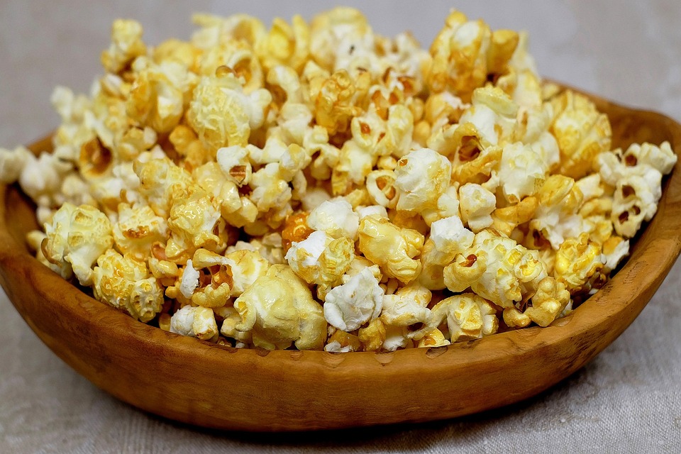 popcorn in wooden bowl