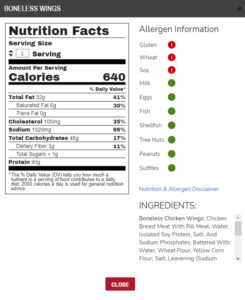 Picture of Applebee's nutritional facts for their boneless wings, which can be found on their website