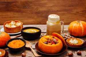 Assortment of pumpkin dishes and drinks
