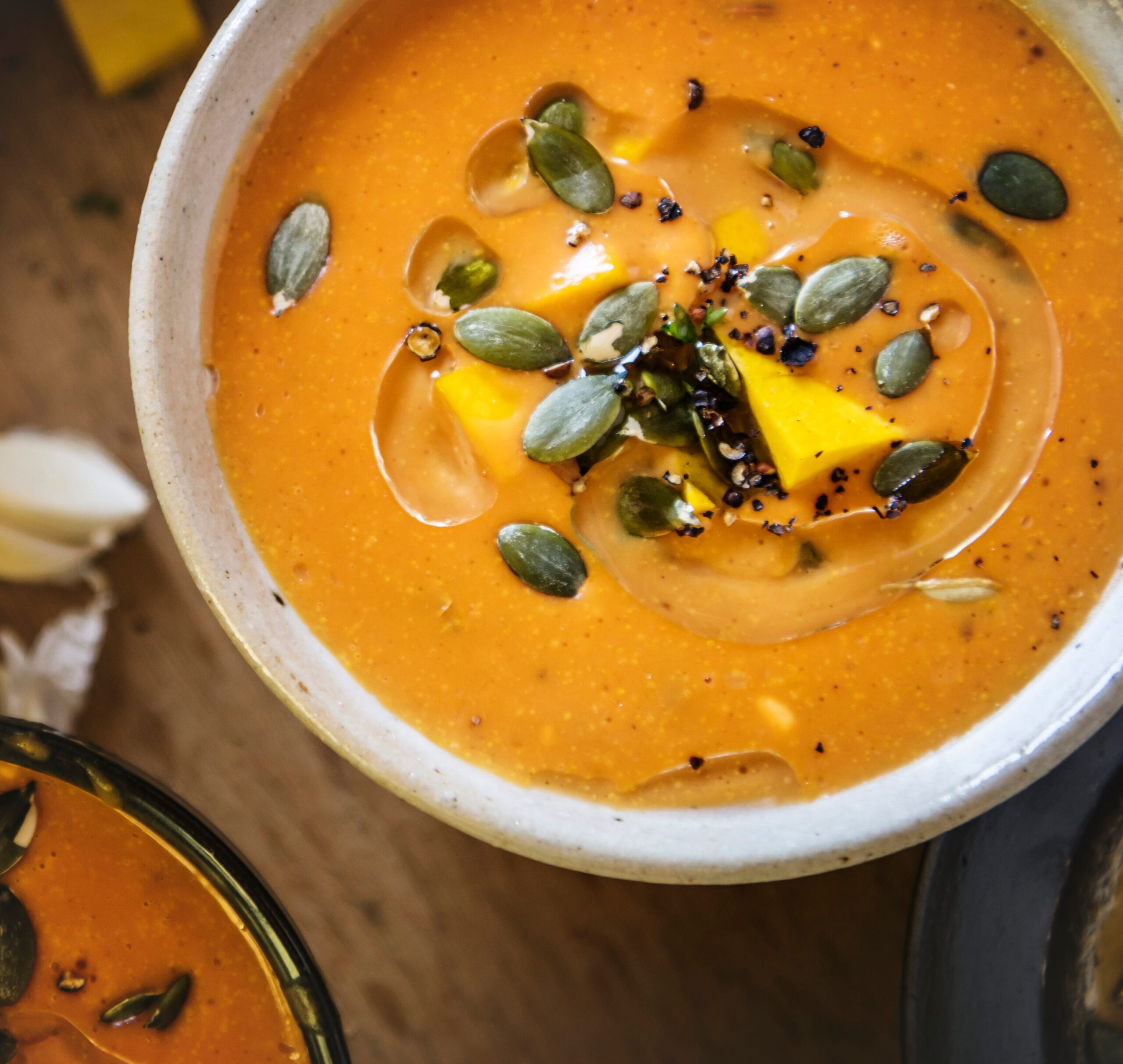 pumpkin soup with roasted pumpkin seeds on top