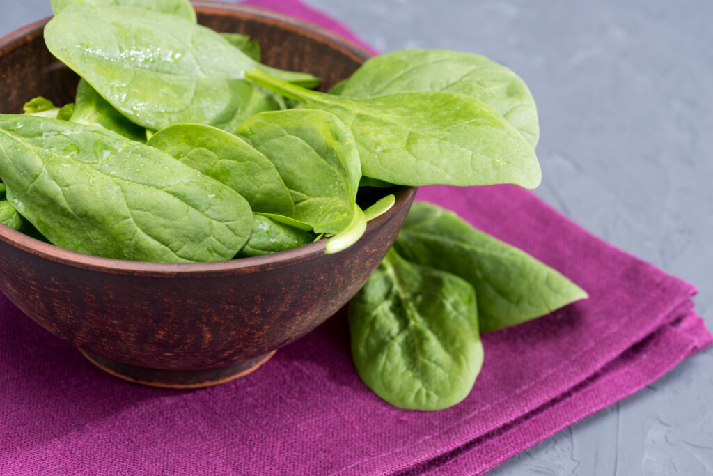 fresh spinach bowl on purple kitchen towel