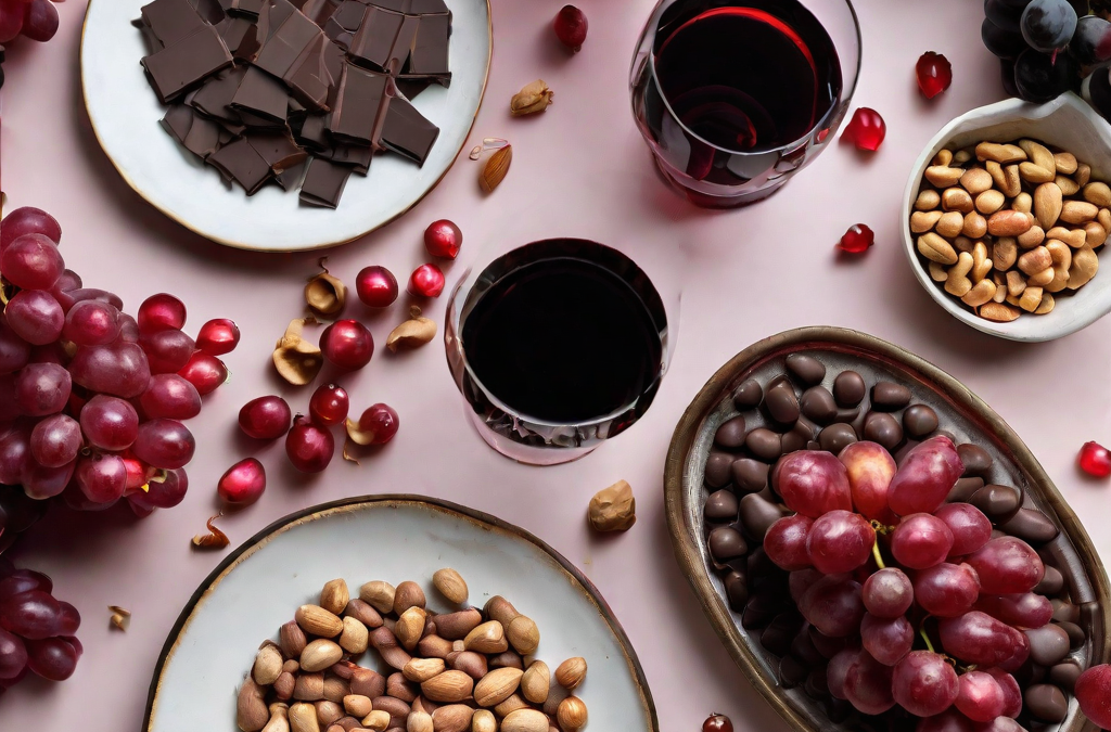 a table with grapes, pomegranates, dark chocolate, peanuts, and red wine (3)
