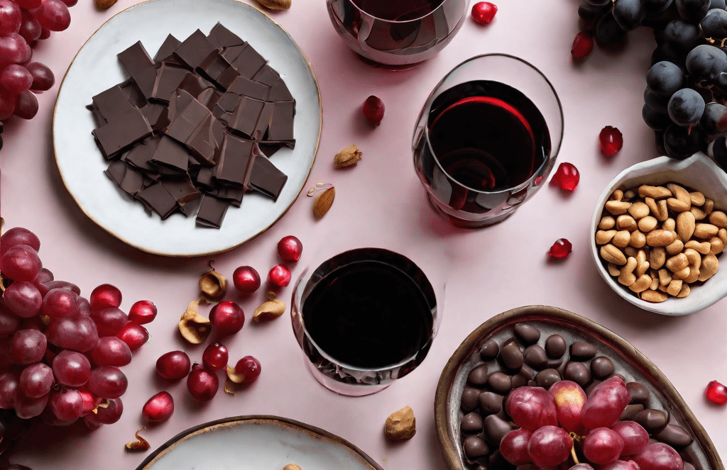 a table with grapes, pomegranates, dark chocolate, peanuts, and red wine (3)