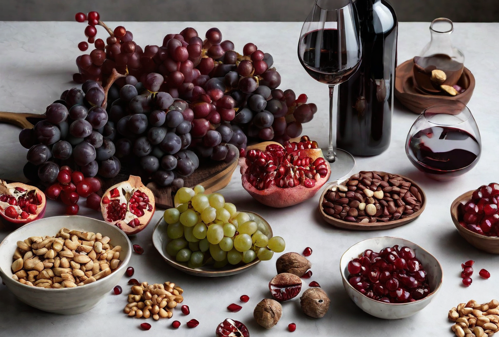 a_table_with_grapes_pomegranates_dark_chocolate_peanuts_and_red_wine