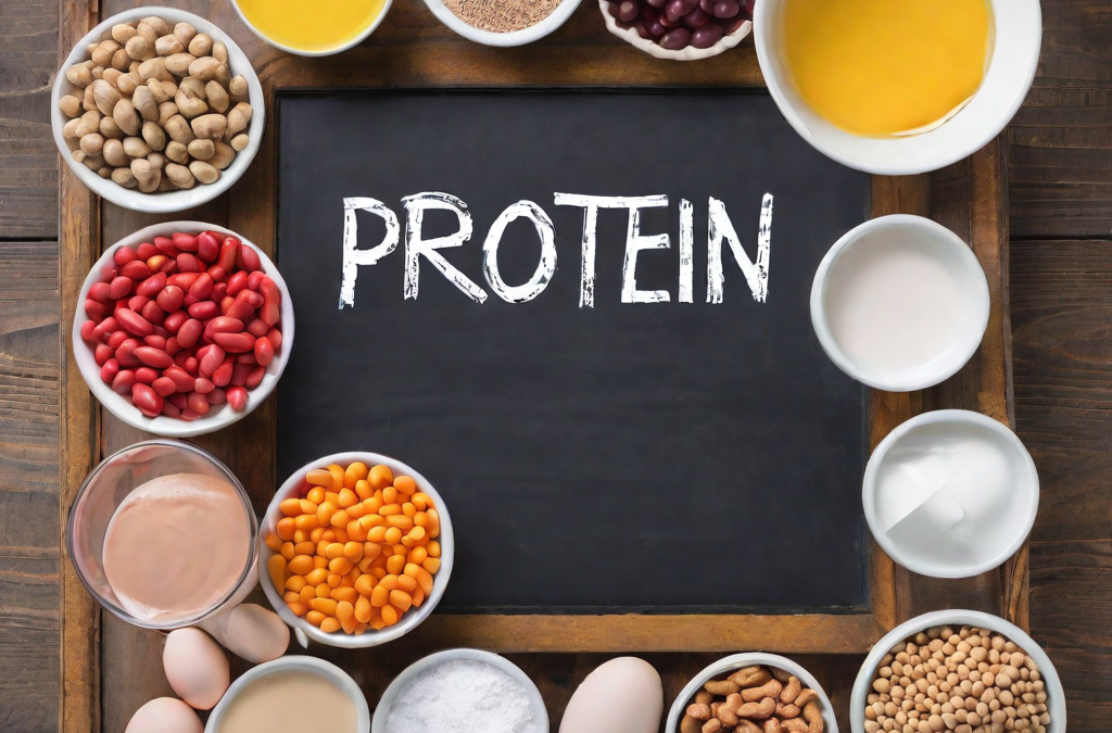 image_of_table_filled_with_different_protein_sources_and_a _chalkboard_that_has_the_word_protein_written_on_it