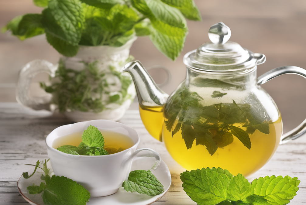 Glass tea pot with lemon balm tea and leaves inside beside a white tea cup with lemon balm tea and leaves
