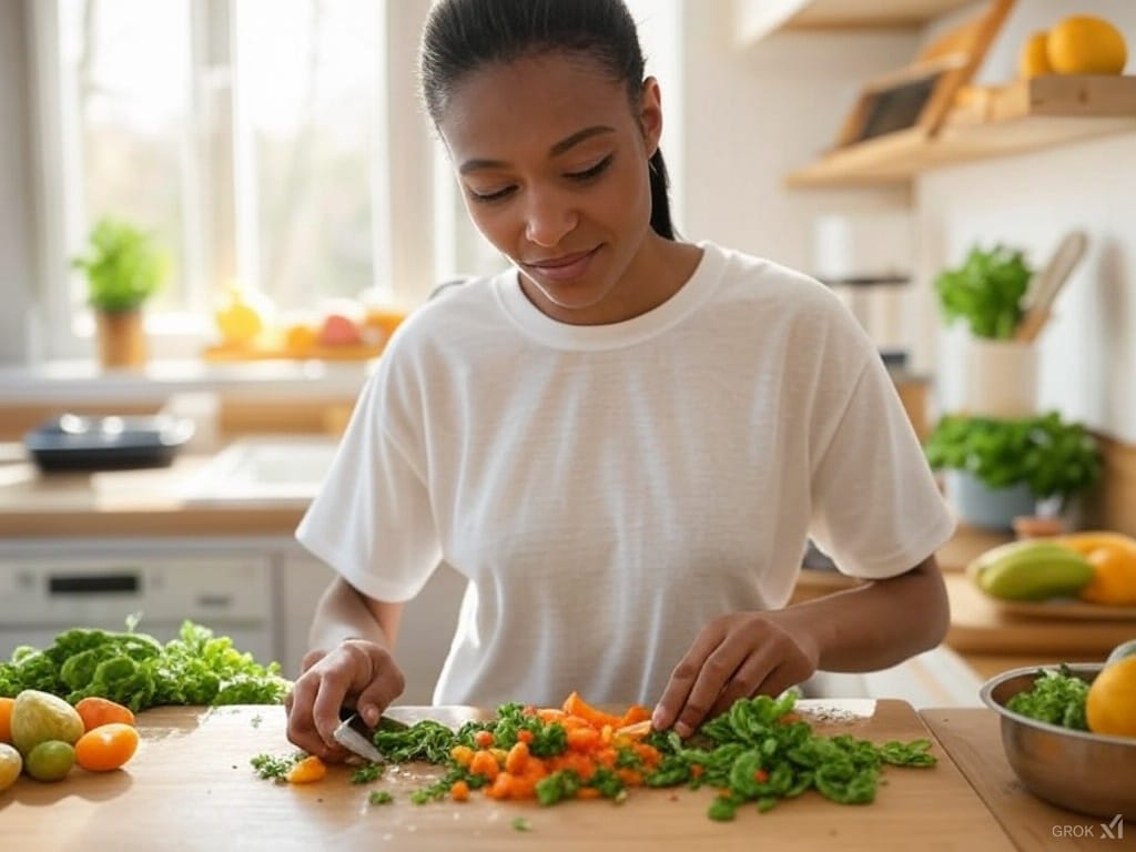 african american woman prepping fruits and vegetables in her kitchen