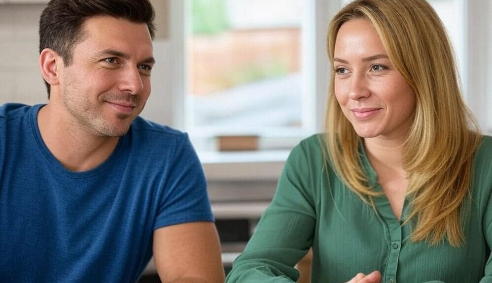 woman and man sitting at a table with sweet treats and coffee