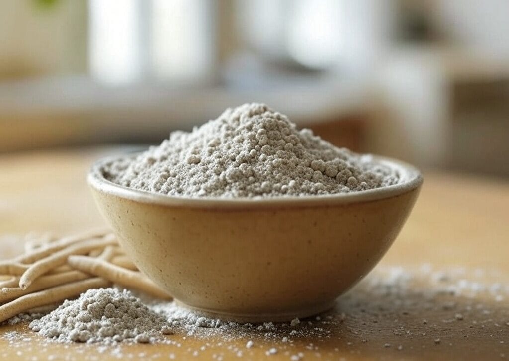 bowel of finely ground ashwagandha powder in a bowl on wooden table