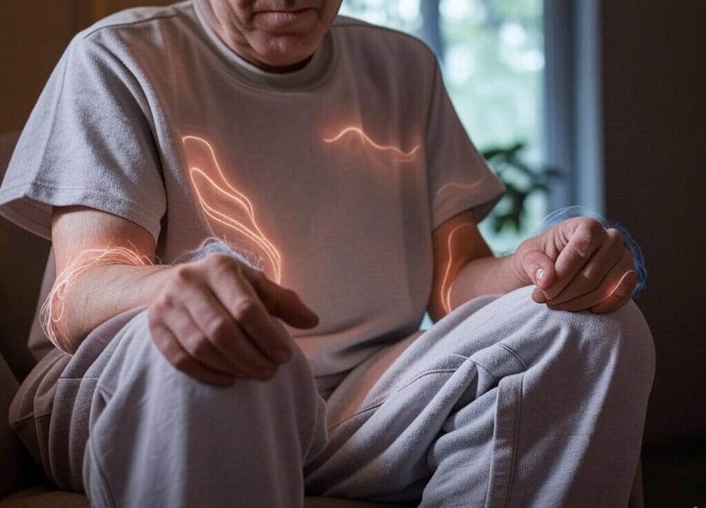 elder man with aching joints sitting down