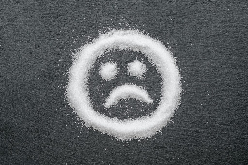 a frown face drawn out of sugar on dark gray background