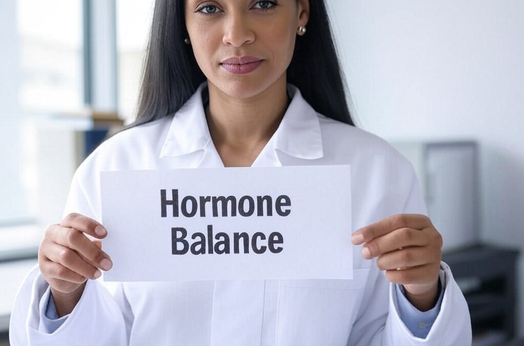 female doctor holding up sign that says hormone balance