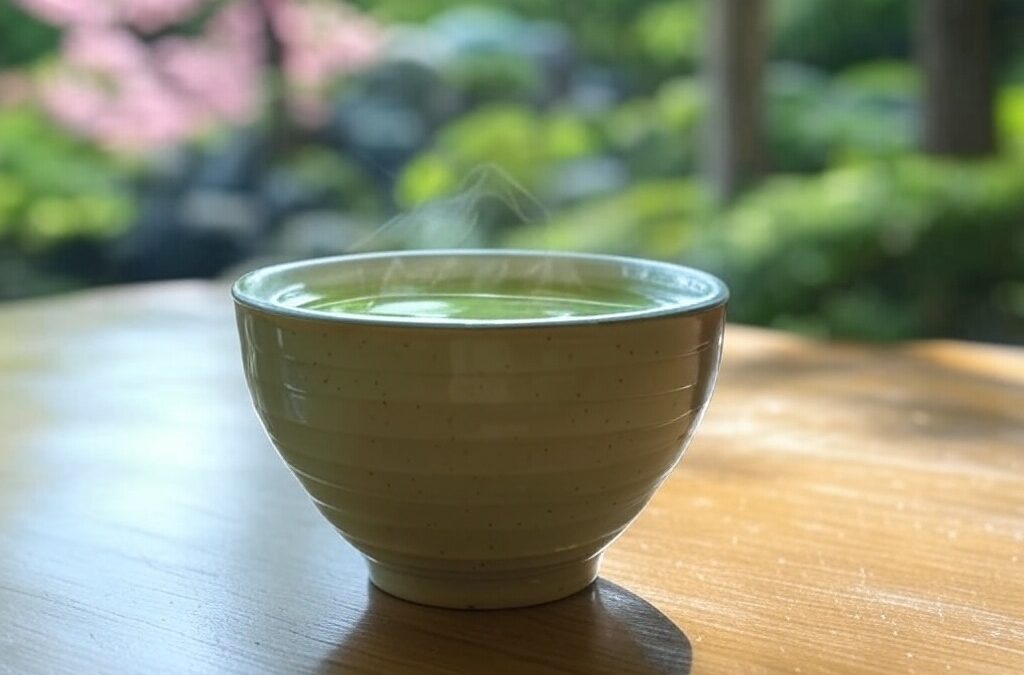 cup of hot green tea on wooden table with greenery background