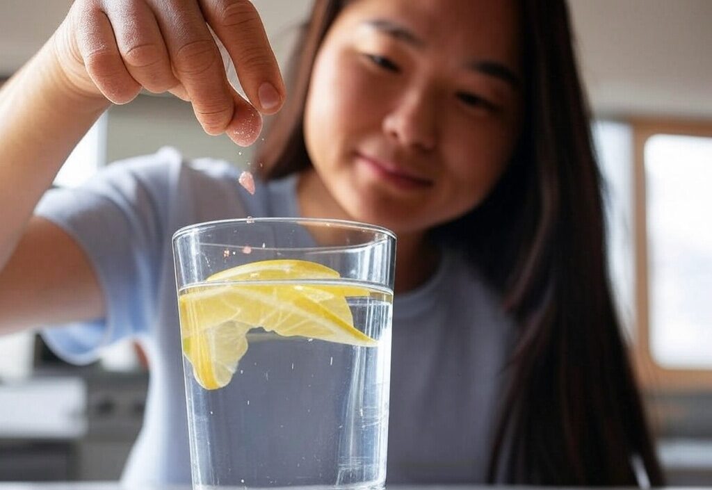 woman sprinkling pink salt into her lemon water