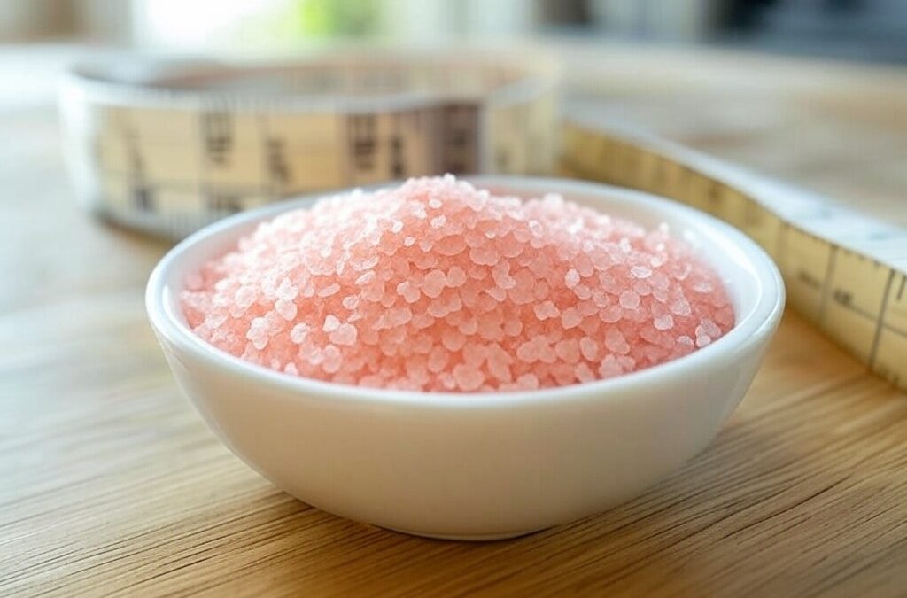 bowl of pink salt on wooden counter top with tape measure in background
