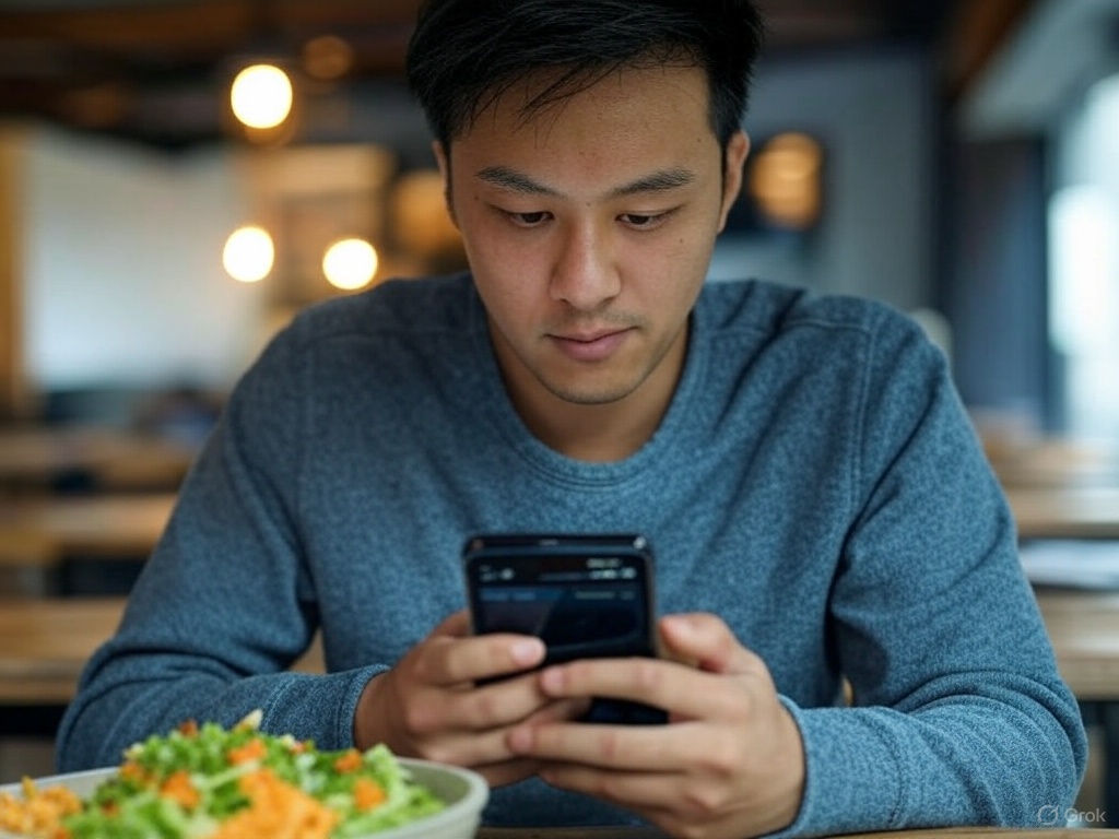 middle aged man tracking food calories on phone while salad is in front of him