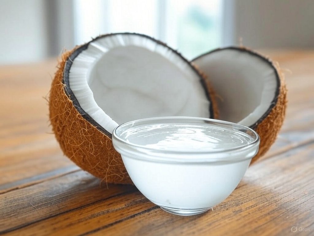 cracked coconut beside bowl of liquified coconut oil on countertop