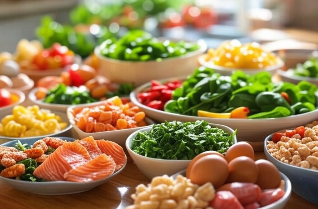 B12-rich foods like salmon, eggs, spinach, or fortified cereals arranged in an appetizing spread
