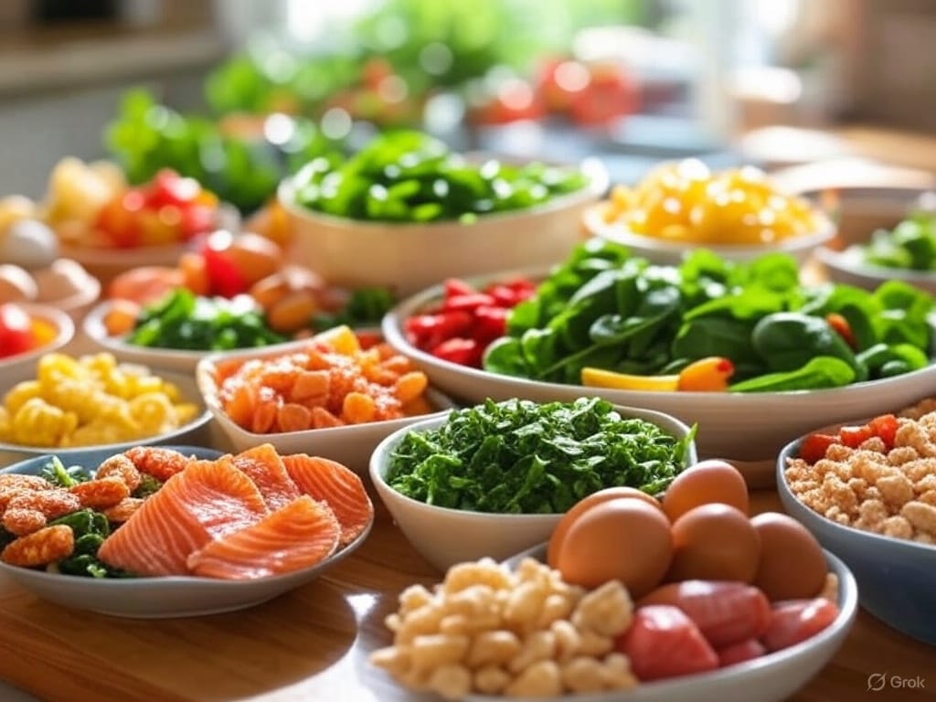 B12-rich foods like salmon, eggs, spinach, or fortified cereals arranged in an appetizing spread