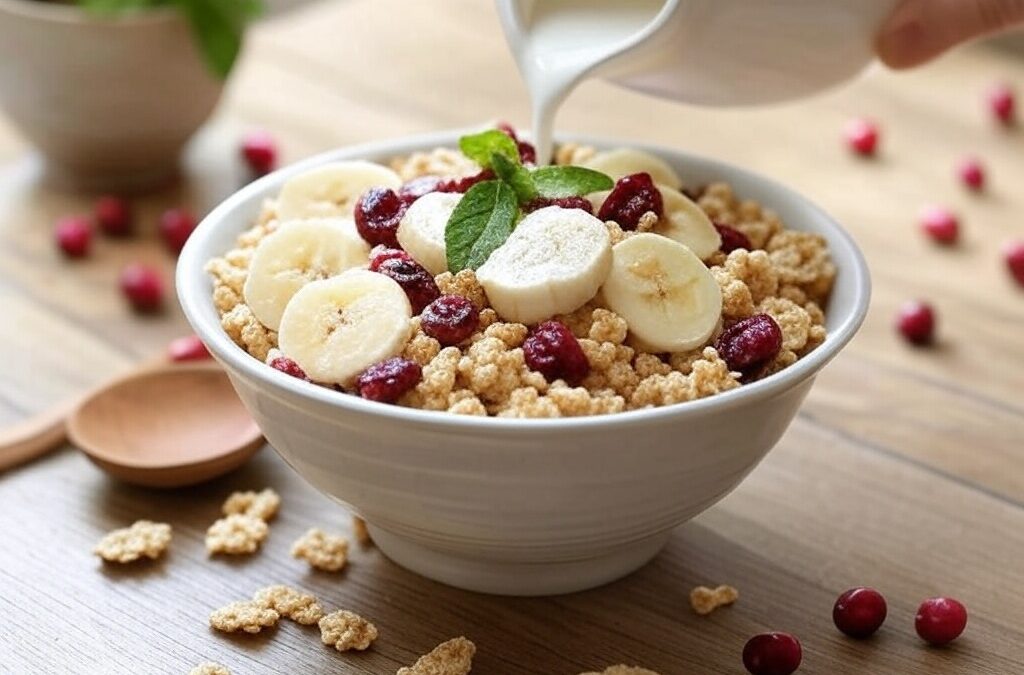 b12 fortified cereal with banana slice and berries with milk being poured on top