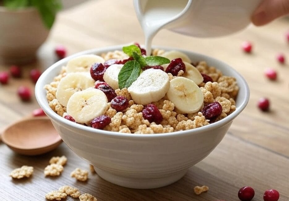 b12 fortified cereal with banana slice and berries with milk being poured on top