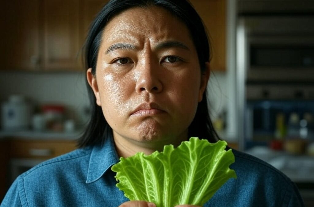 sad woman holding up a piece of lettuce