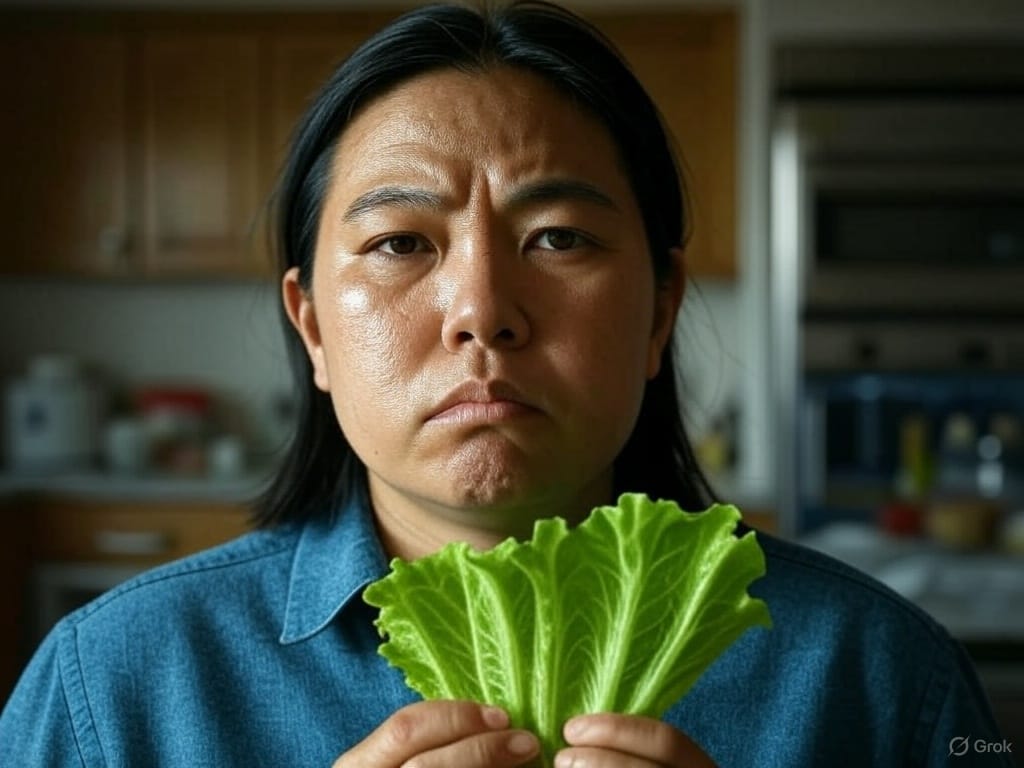 sad woman holding up a piece of lettuce