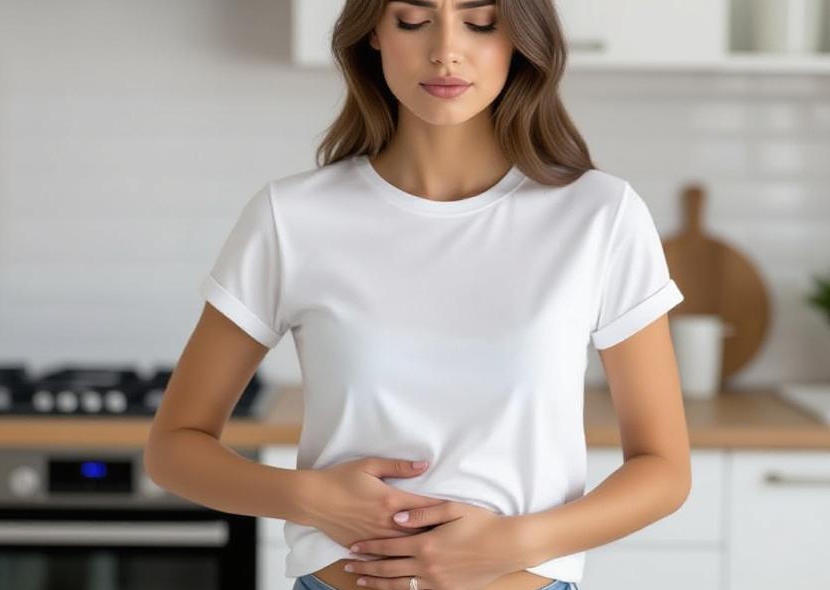 woman holding her stomach because it doesnt feel good