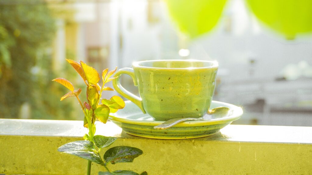 green tea in green mug on window sill